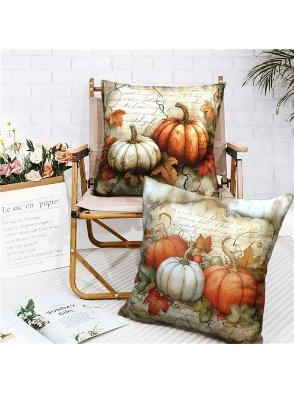 Thanksgiving Fall Pillow Covers Set of 2 18x18 Pumpkin Maple Leaves Outdoor Deco